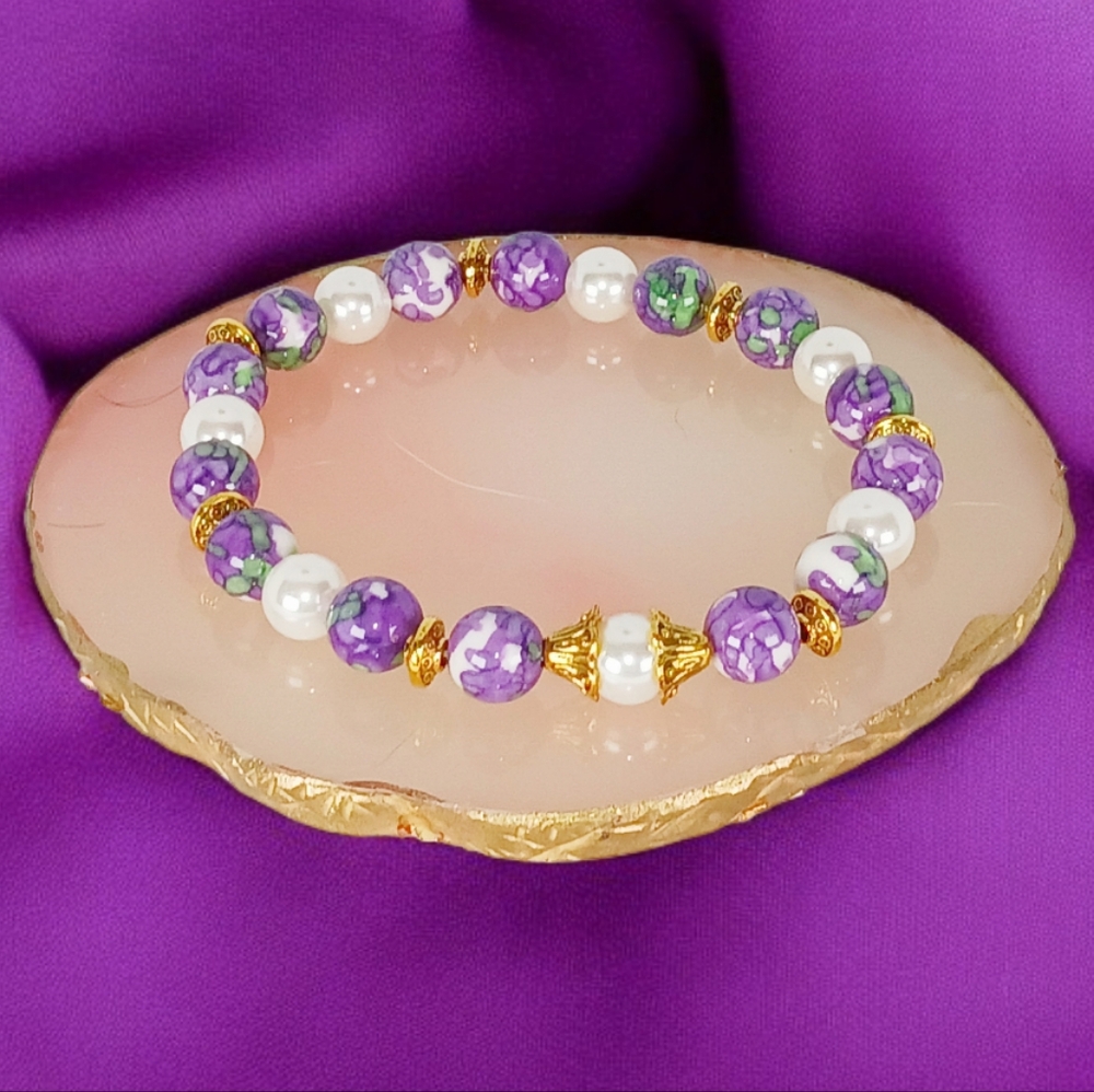 Mother of Pearl Rain Flower Jasper Crystal Bracelet Purple White Green 00s Plum